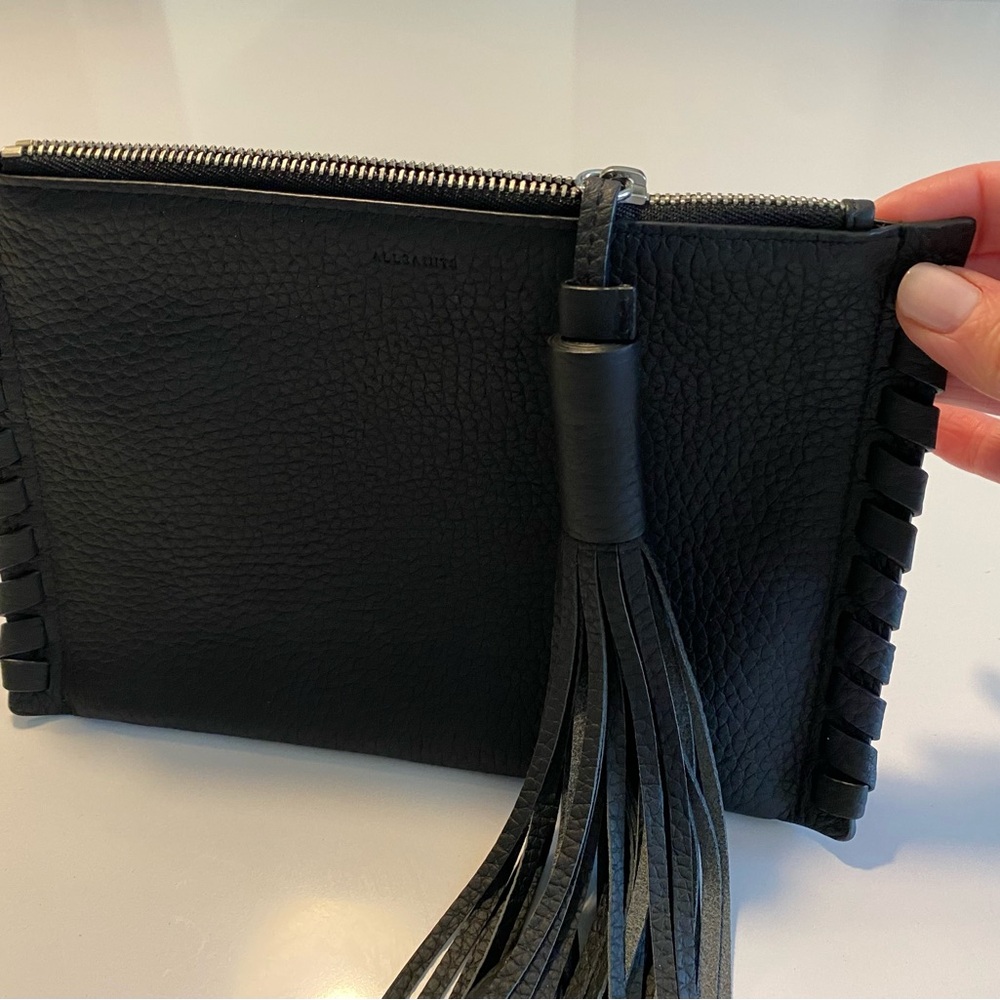All Saints Leather Wristlet Clutch Black Leather Fringe